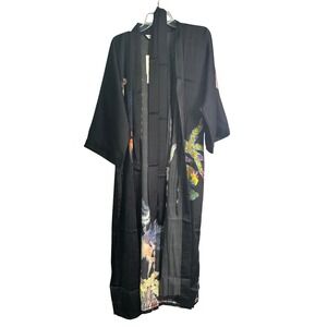 ULIVARY Black One Size Dragon Phoenix Print Kimono Robe